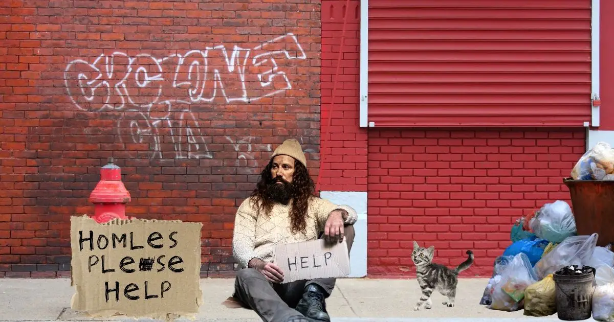 Homeless man begging for money.